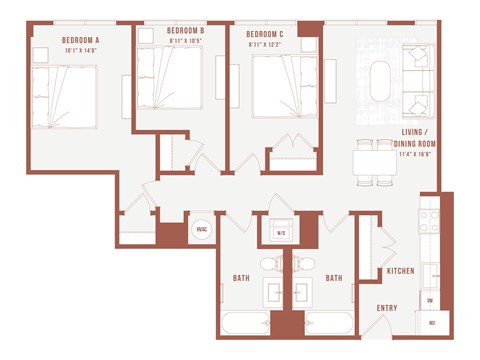 Floor plan for 3 beds, 2 baths, 374 sqft